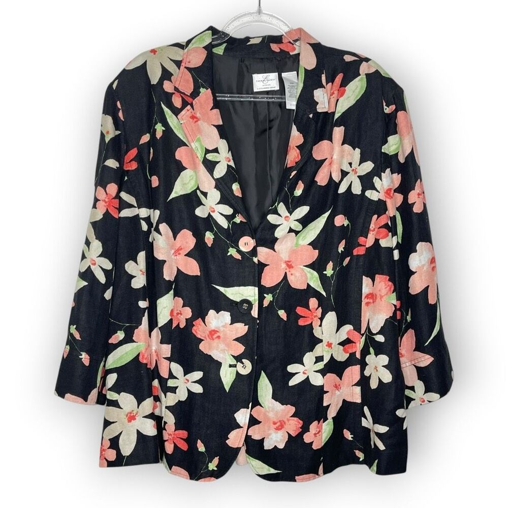 Emma James Liz Claiborne Black Floral Print Linen Blend Blazer Jacket Plus 20W